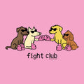 A cartoon-style graphic on a light pink background showing four dogs wearing pink boxing gloves and sunglasses, with the text 'fight club' below them. Small text at the bottom right reads '© 2023 GOOD CALIFORNIA'.