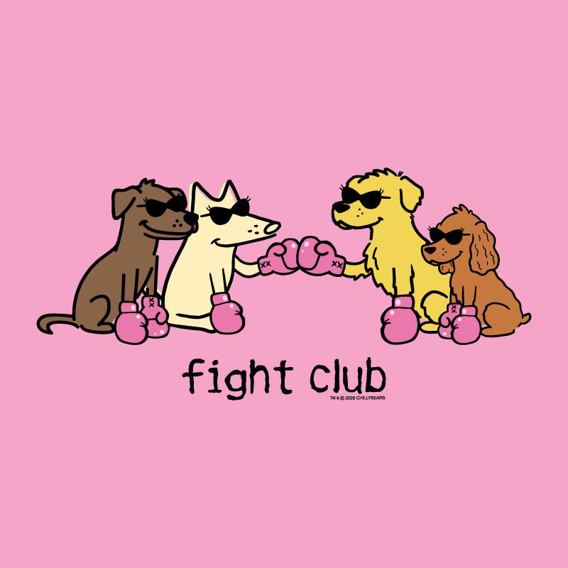 A cartoon-style graphic on a light pink background showing four dogs wearing pink boxing gloves and sunglasses, with the text 'fight club' below them. Small text at the bottom right reads '© 2023 GOOD CALIFORNIA'.