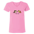 A pink women's short-sleeve V-neck t-shirt featuring a cartoon graphic of four dogs wearing sunglasses and the text 'fight club' printed below them.