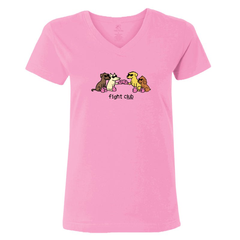 A pink women's short-sleeve V-neck t-shirt featuring a cartoon graphic of four dogs wearing sunglasses and the text 'fight club' printed below them.