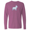 Purple long-sleeve shirt with a colorful dog illustration on a white background