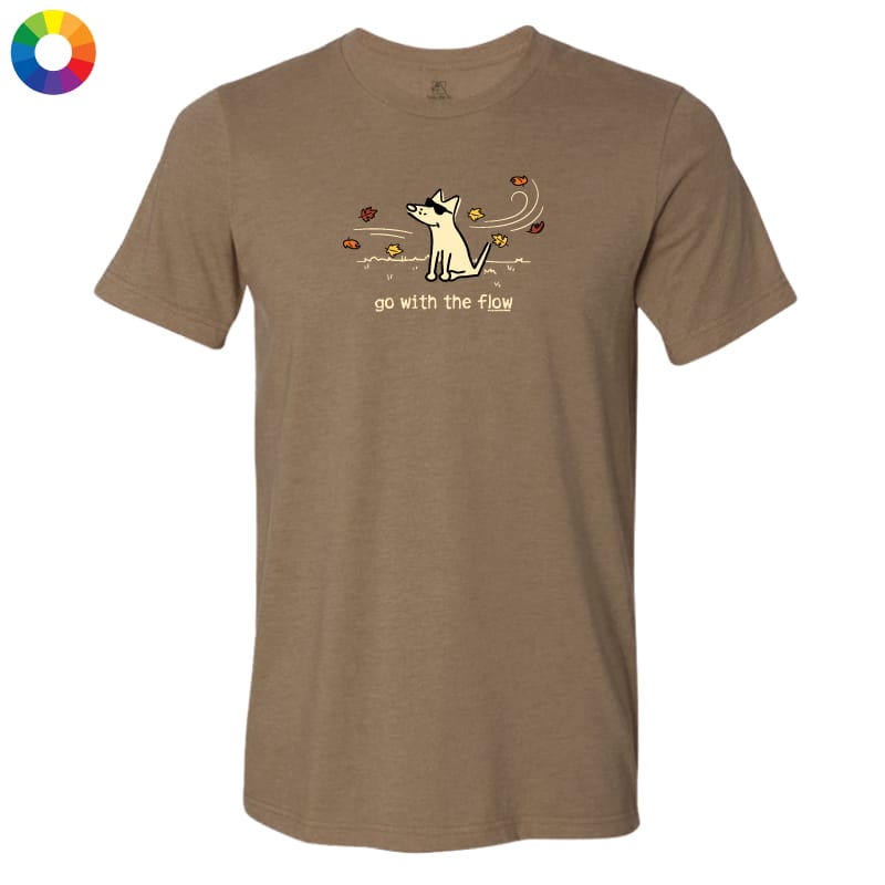 A brown short-sleeve crewneck t-shirt with a graphic of a white cat surrounded by autumn leaves and the text 'go with the flow' on the chest, displayed on a solid white background.