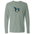 A sage green long-sleeve t-shirt with a graphic of a dog filled with blue and black stripes, and the text 'lab life' printed below it.