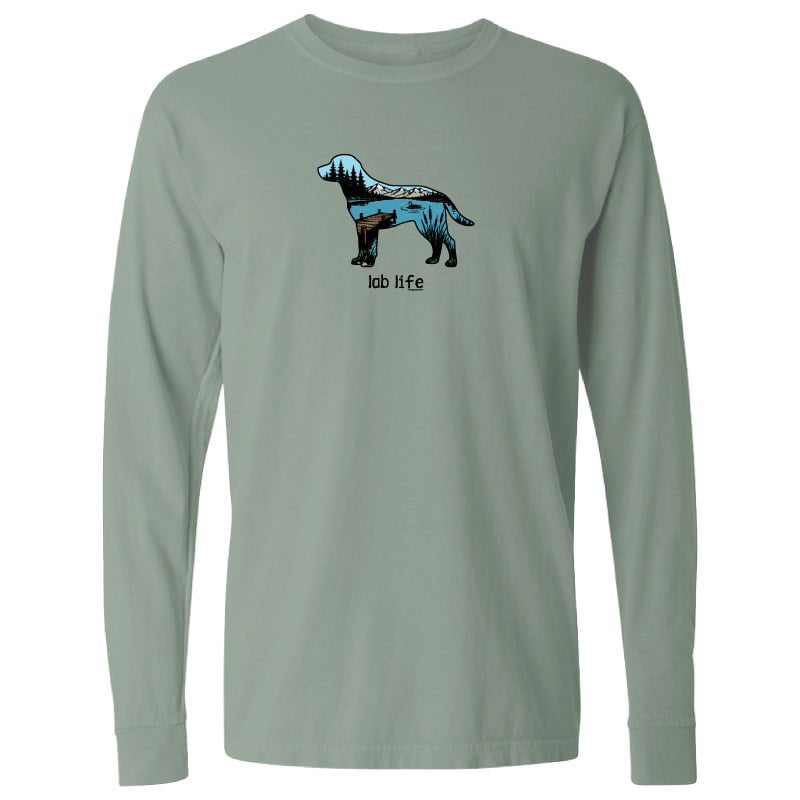 A sage green long-sleeve t-shirt with a graphic of a dog filled with blue and black stripes, and the text 'lab life' printed below it.