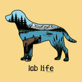 A stylized illustration of a dog silhouette filled with a lakeside landscape scene, including trees, mountains, a dock, reeds, and a duck, on a pale yellow background. The text 'lab life' appears below.