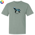 A sage green short-sleeve t-shirt with a graphic of a dog cutaway showing its internal organs, with the text 'lab life' underneath, displayed on a clean white background.