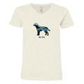 An off-white heathered v-neck t-shirt featuring a graphic of a dog cut into anatomical parts in shades of blue and black, with the text 'lab life' printed below.