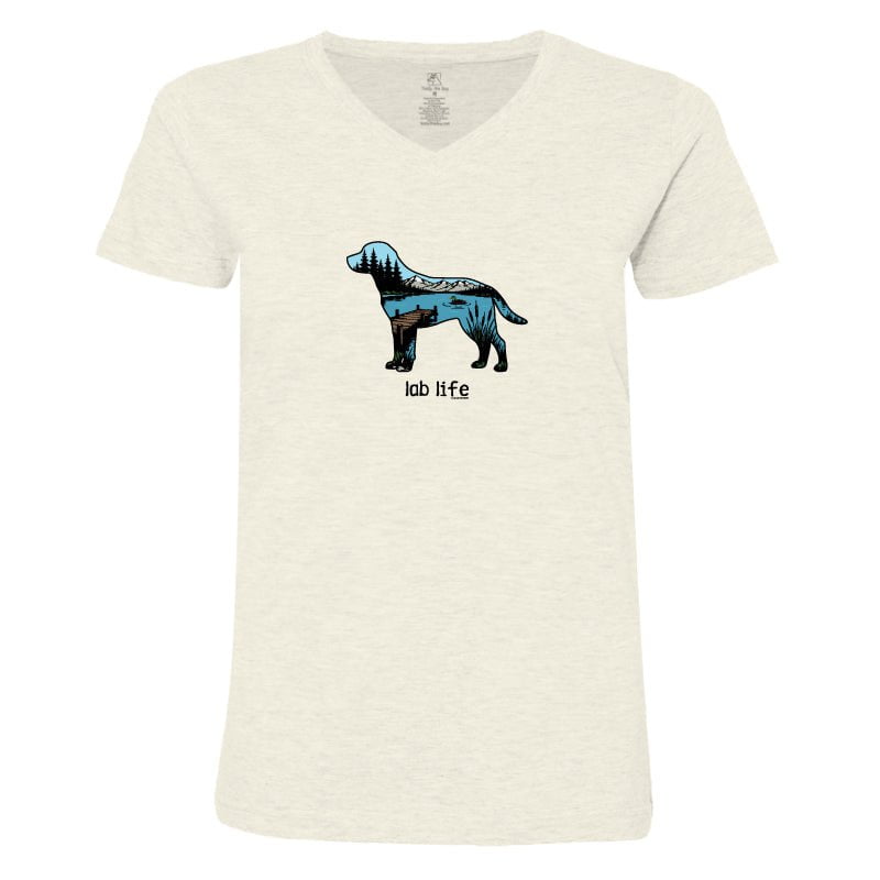 An off-white heathered v-neck t-shirt featuring a graphic of a dog cut into anatomical parts in shades of blue and black, with the text 'lab life' printed below.