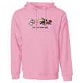 A pink pullover hoodie with a front kangaroo pocket and drawstring hood, featuring a cartoon graphic of four dogs running with the text 'let's run some dogs' printed on the chest.