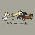 A cartoon graphic on a muted gray background showing four dogs running from left to right, all wearing sunglasses. One dog on the left is a light cream/beige dog dressed as a doctor with a stethoscope.