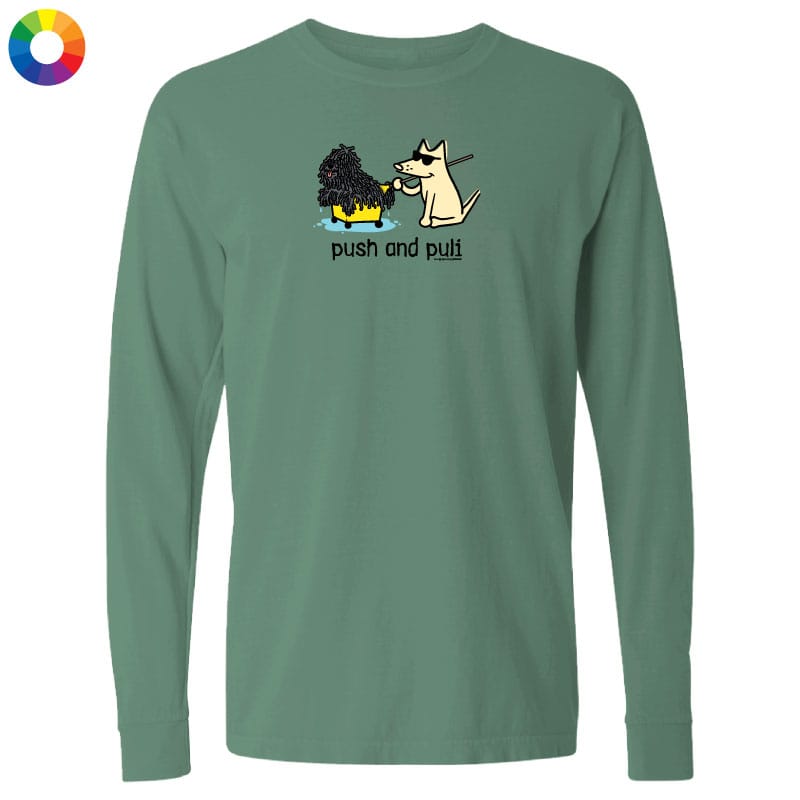 Green long-sleeve shirt with a graphic of a dog and a bee labeled 'push and pull' on a white background.