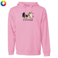 Pink hoodie with cartoon dogs design and text on a white background