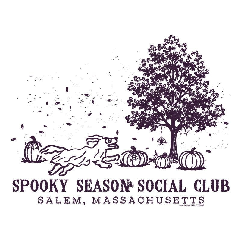 A Halloween-themed graphic print featuring a dark purple illustration of a running dog, pumpkins, a tree, and falling leaves on a white background, with the text 'SPOOKY SEASON SOCIAL CLUB' and 'SALEM, MASSACHUSETTS' below.
