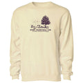 A cream-colored crewneck sweatshirt with a dark purple graphic on the chest depicting a tree, a cat, a dog, and the text 'SPOOKY SEASON SOCIAL CLUB' and 'DALAM, MASSACHUSETTS'.