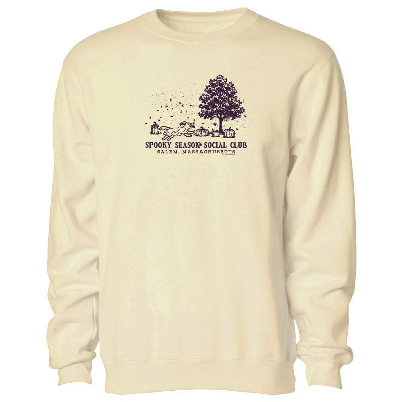 A cream-colored crewneck sweatshirt with a dark purple graphic on the chest depicting a tree, a cat, a dog, and the text 'SPOOKY SEASON SOCIAL CLUB' and 'DALAM, MASSACHUSETTS'.