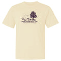 A cream-colored short-sleeve t-shirt with a dark purple graphic on the chest depicting a tree, pumpkins, and the text 'Spooky Season Social Club' and 'Salmon, Massachusetts'.