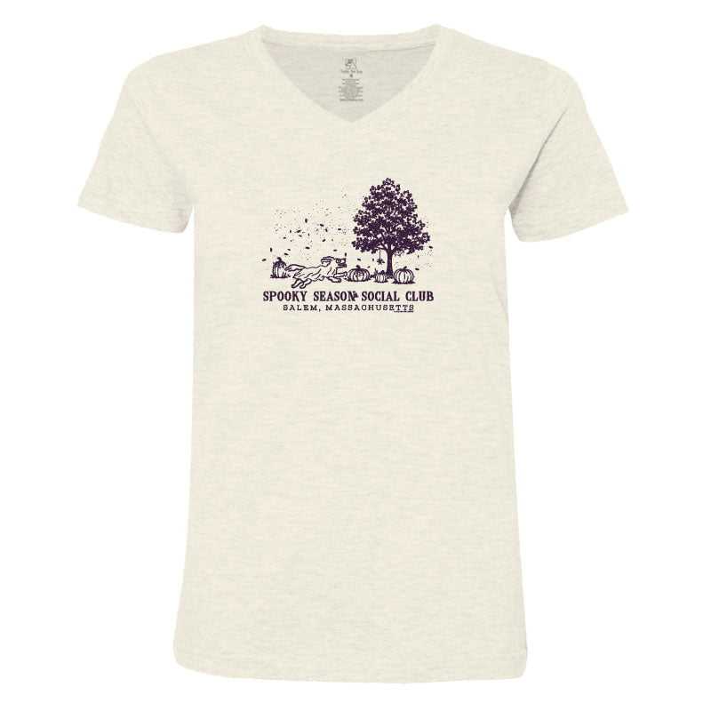 An off-white heathered V-neck t-shirt featuring a dark purple graphic of a tree and the text 'SPORTS SEASON SOCIAL CLUB' and 'RALEM, MASSACHUSETTS'.