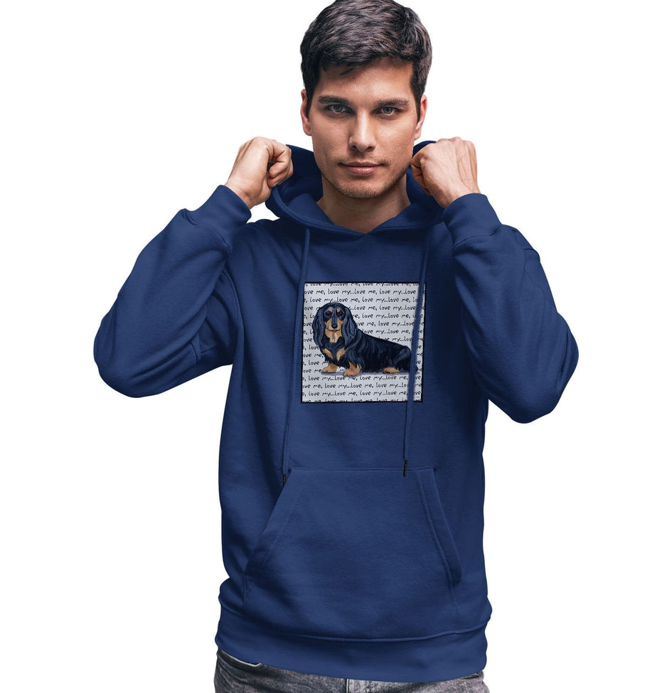 Black Longhaired Dachshund Love Text - Adult Unisex Hoodie Sweatshirt