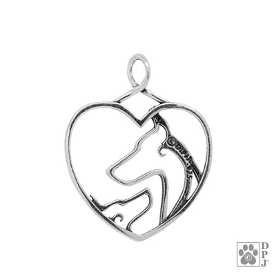 Doberman Pinscher Mom and Puppy  Sterling Silver Heart Pendant