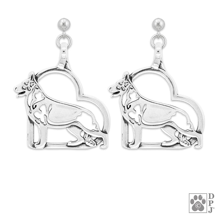 German Shepherd Dog in Heart Sterling Silver Earrings, Body