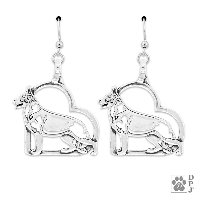 German Shepherd Dog in Heart Sterling Silver Earrings, Body
