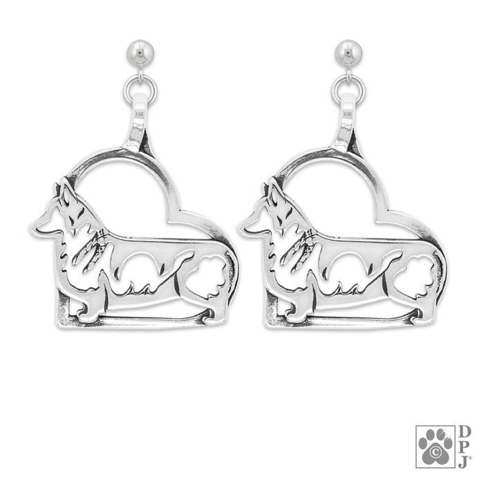 Sterling Silver Pembroke Corgi in Heart Earrings, Body