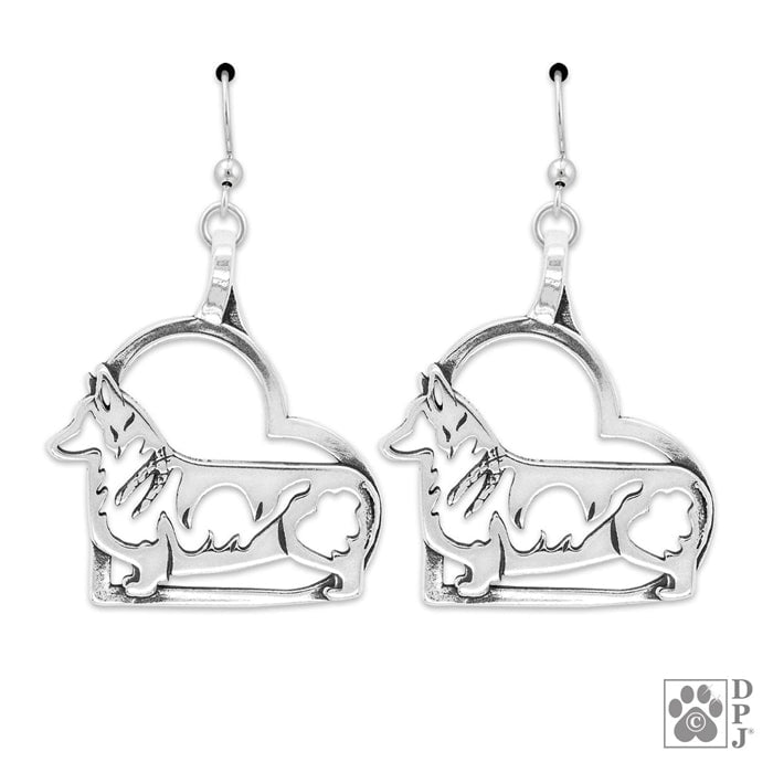 Sterling Silver Pembroke Corgi in Heart Earrings, Body