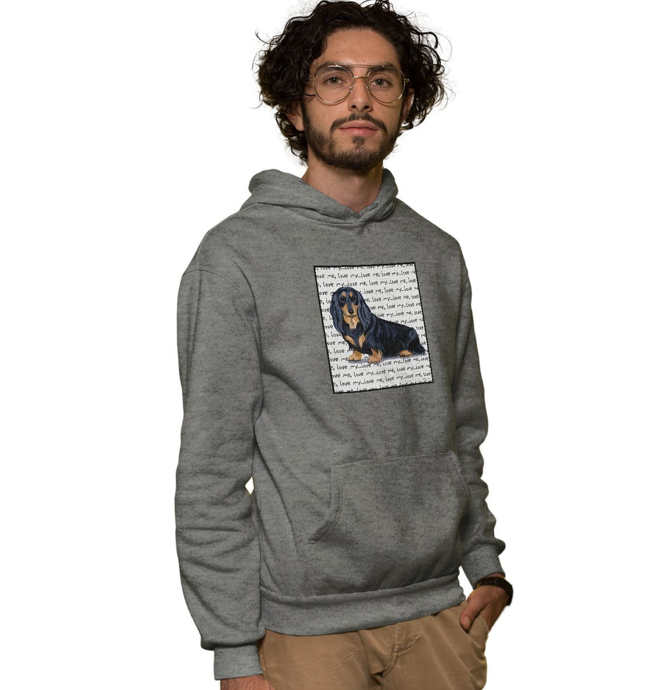 Black Longhaired Dachshund Love Text - Adult Unisex Hoodie Sweatshirt