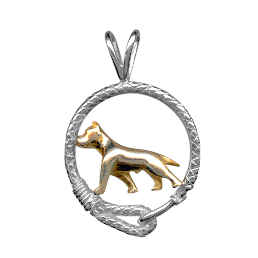 American Staffordshire Terrier Solid 14K Gold in Sterling Silver Leash Pendant