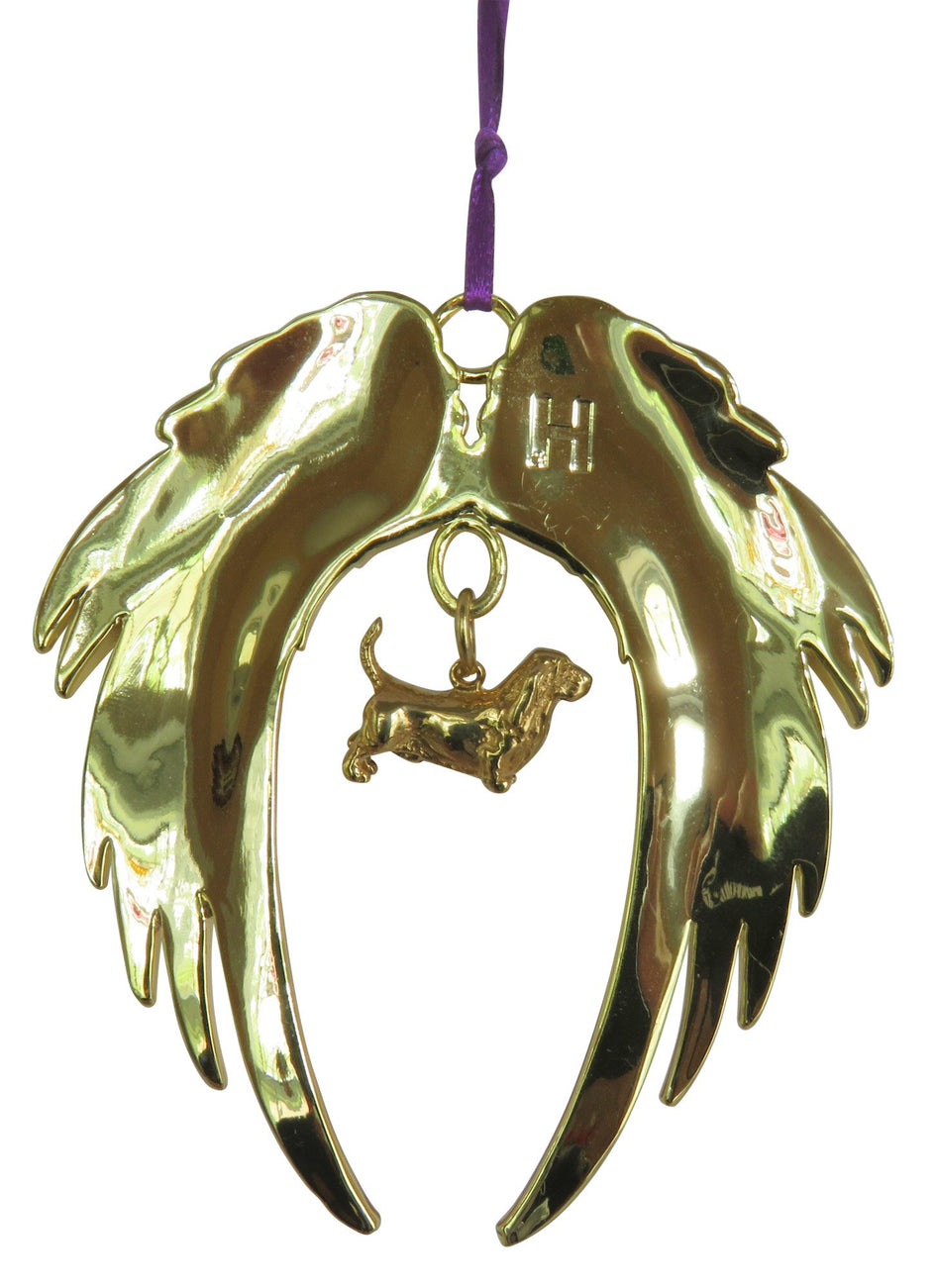 Basset Hound Gold Plated Holiday Angel Wing Ornament