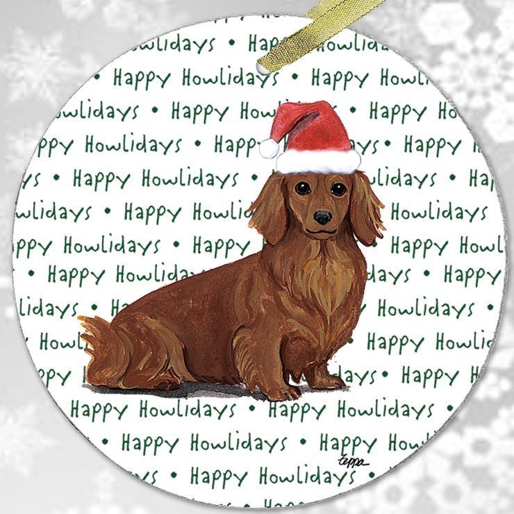 Dachshund, Red Long Hair "Happy Howlidays" Ornament