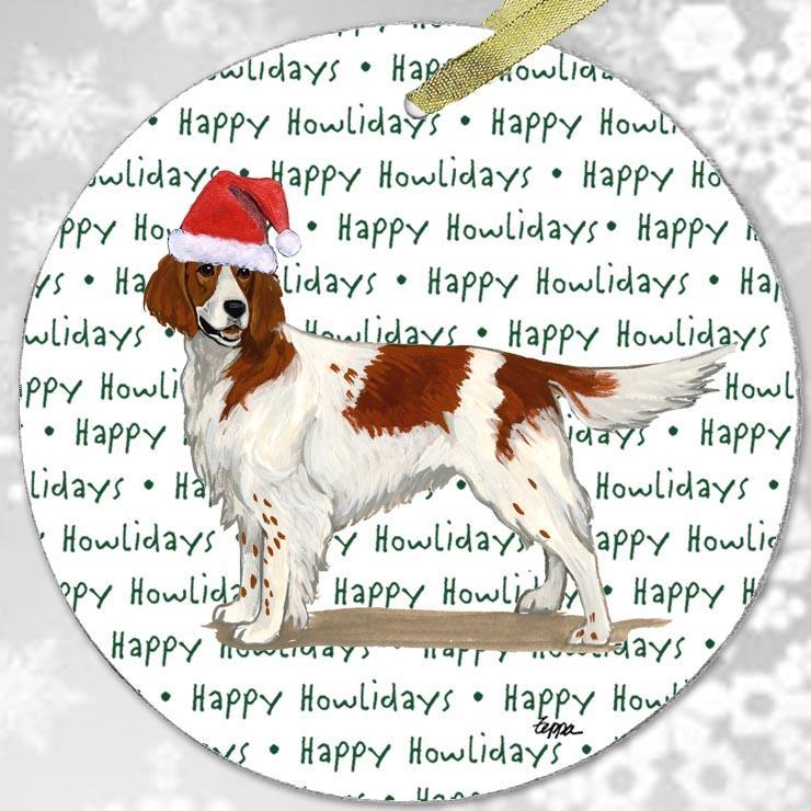 Irish Red and White Setter "Happy Howlidays" Ornament