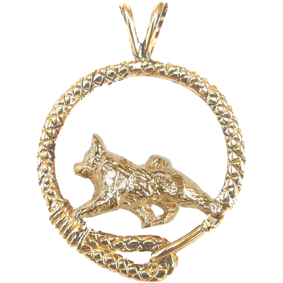 Solid 14K Gold Norwegian Elkhound Leash Pendant