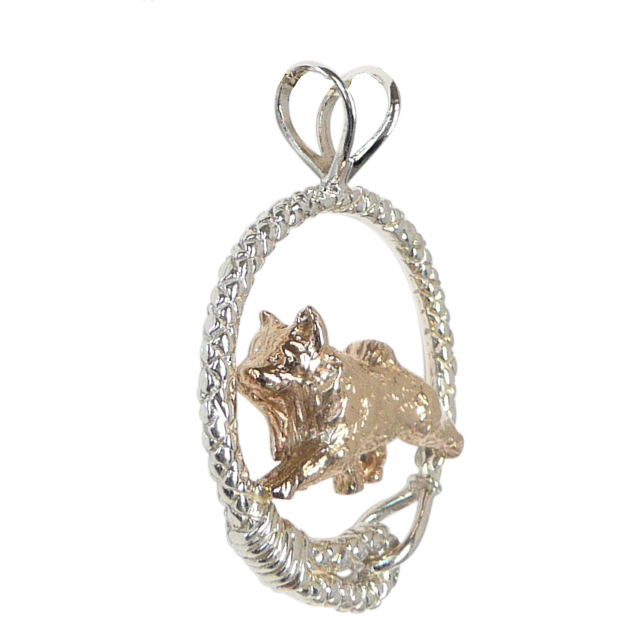 Solid 14K Gold Norwegian Elkhound in Sterling Silver Leash Pendant