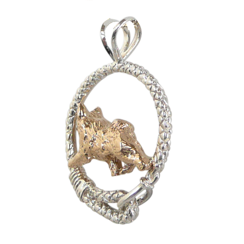 Solid 14K Gold Norwegian Elkhound in Sterling Silver Leash Pendant