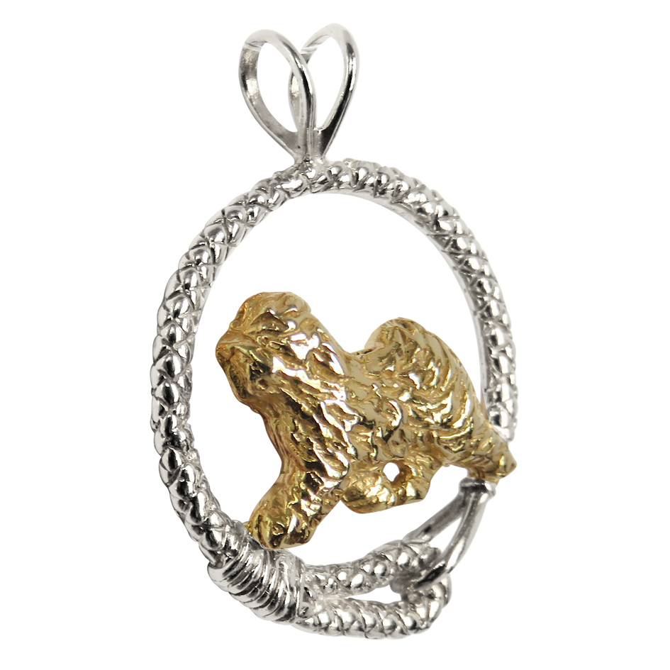 Solid 14K Gold Old English Sheepdog in Sterling Silver Leash Pendant