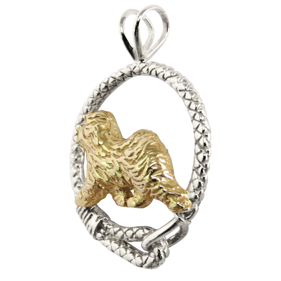 Solid 14K Gold Old English Sheepdog in Sterling Silver Leash Pendant
