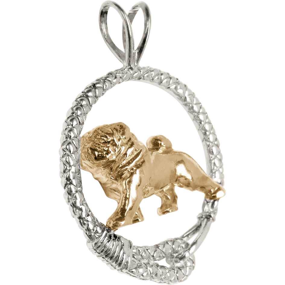Solid 14K Gold Pug in Sterling Silver Leash Pendant