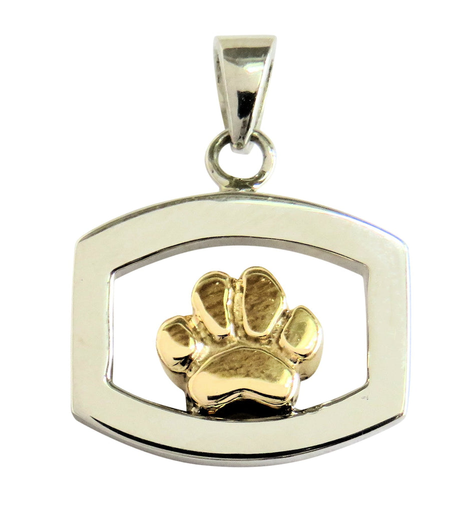 Solid 14K Gold Dog Paw in Sterling Silver Rectangle Pendant