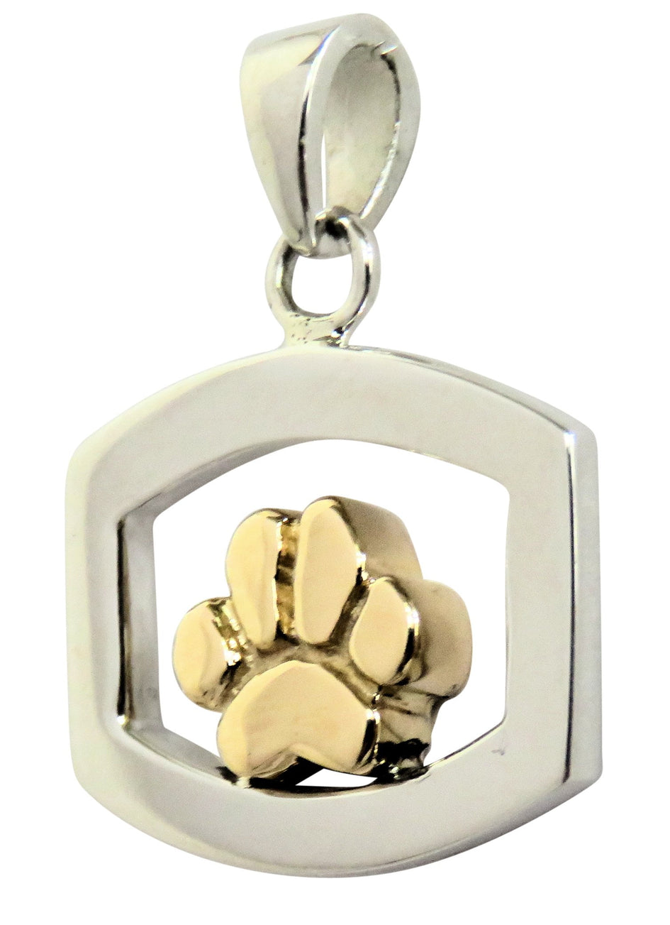 Solid 14K Gold Dog Paw in Sterling Silver Rectangle Pendant