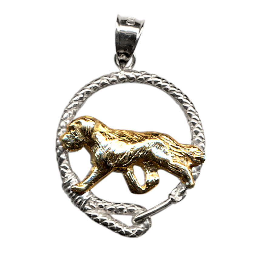 Solid 14K Gold Saint Bernard in Sterling Silver Leash Pendant