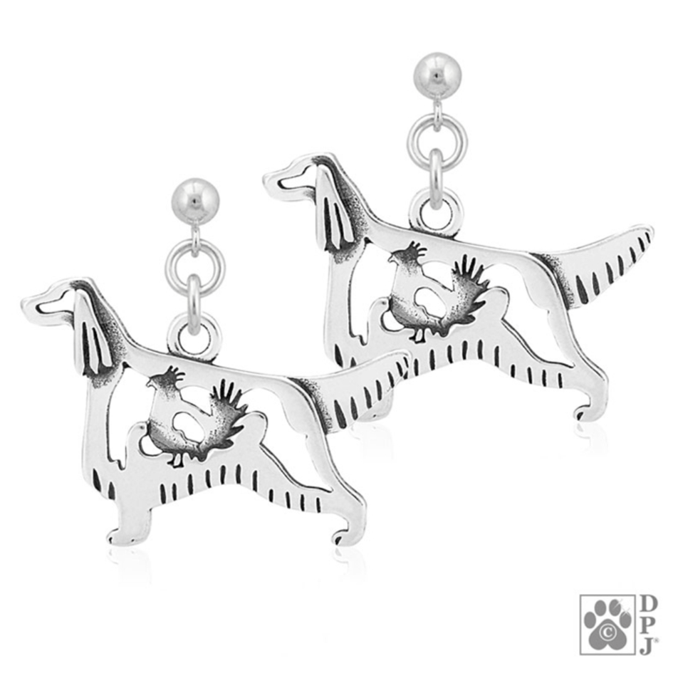 Sterling Silver Irish Setter Earrings w/Quail