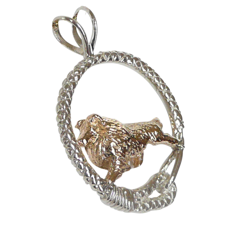 Solid 14K Gold Shetland Sheepdog in Sterling Silver Leash Pendant