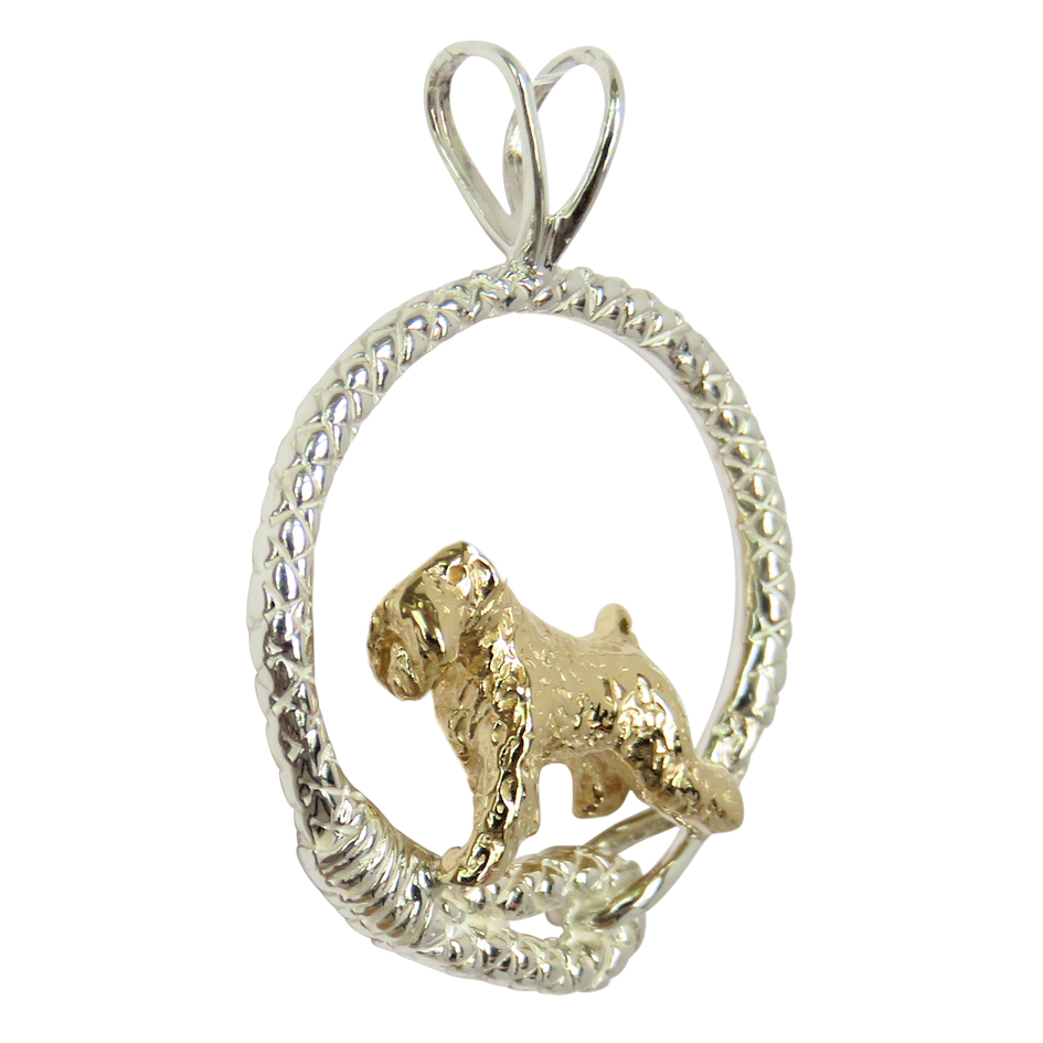Solid 14K Gold Soft Coated Wheaten Terrier in Sterling Silver Leash Pendant
