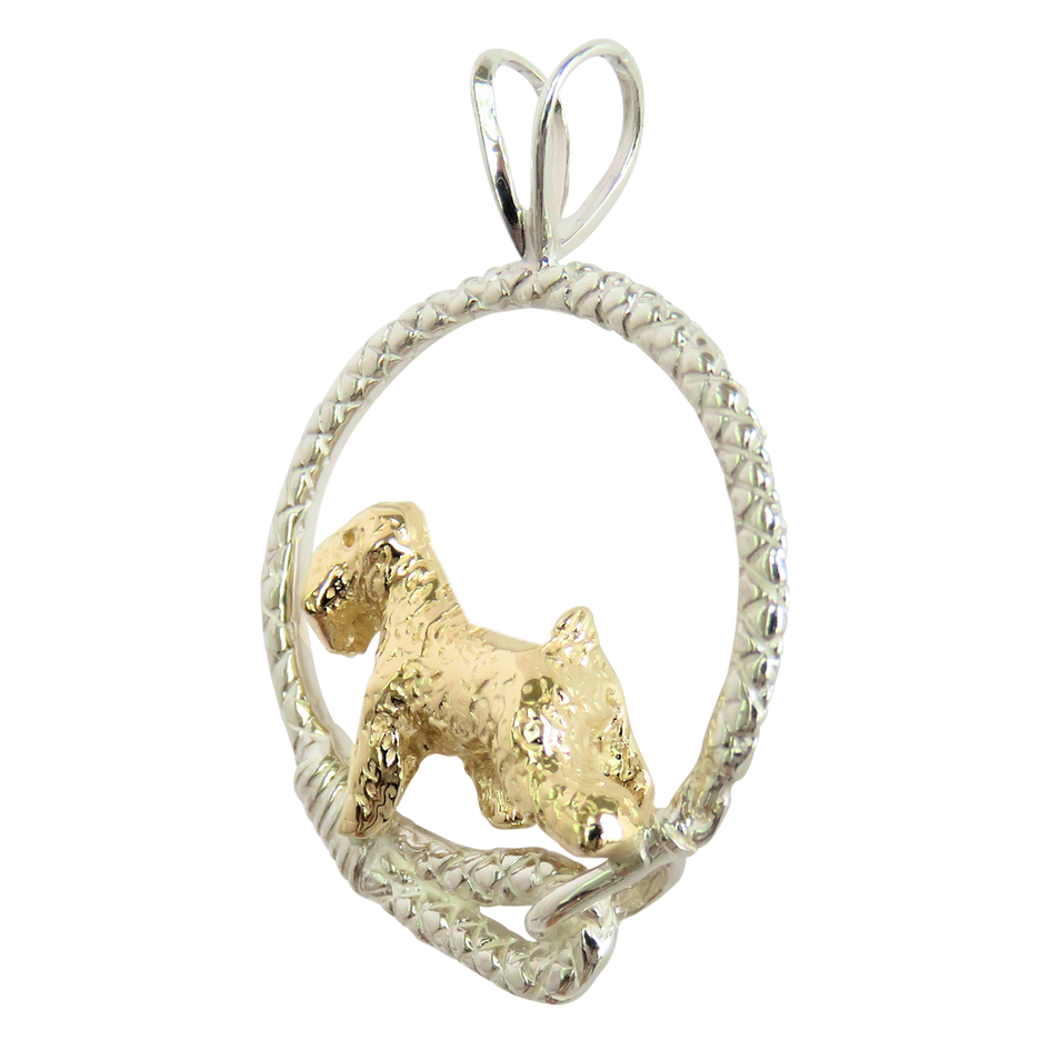 Solid 14K Gold Soft Coated Wheaten Terrier in Sterling Silver Leash Pendant