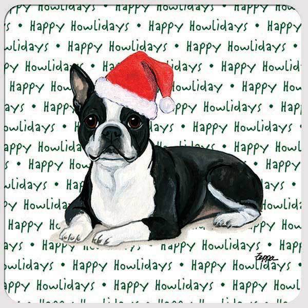 Boston Terrier, Lying Down "Happy Howlidays" Coaster