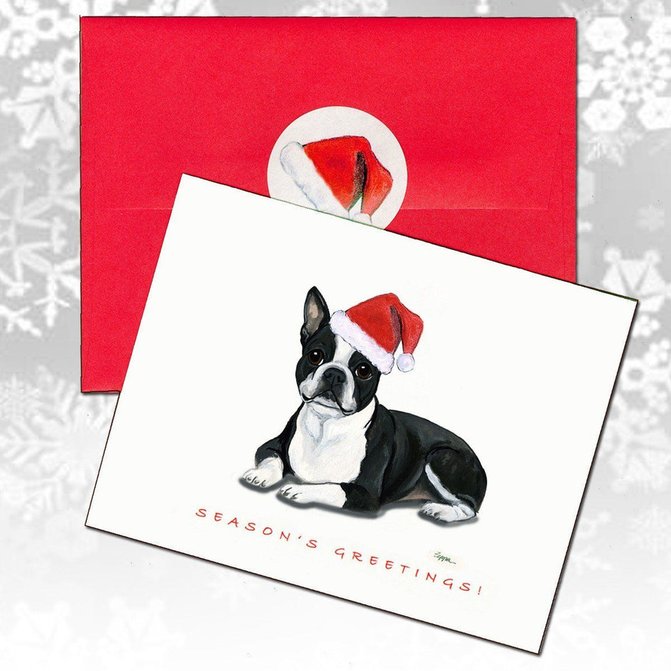 Boston Terrier, Lying Down Christmas Note Cards