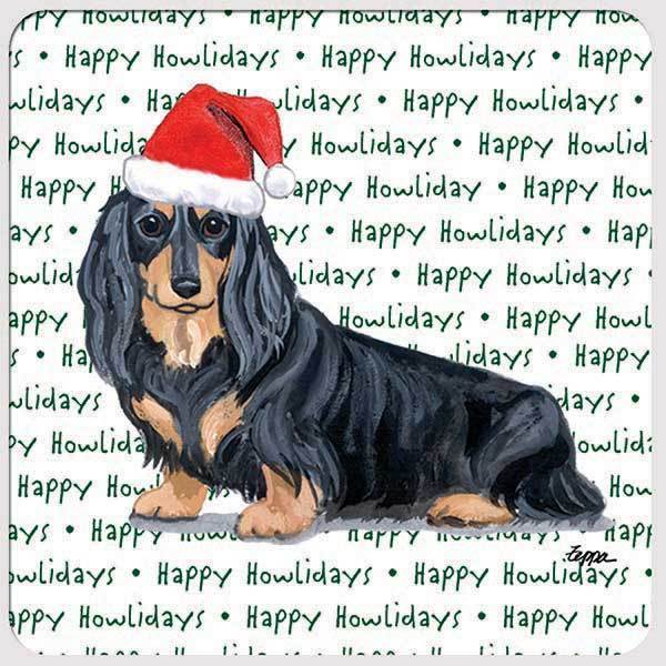 Dachshund, Black and Tan Longhair "Happy Howlidays" Coaster