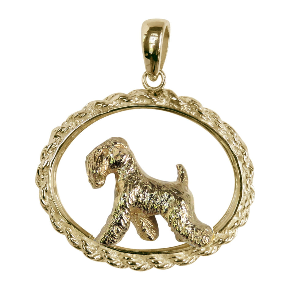 Soft Coated Wheaten Terrier in 14K Gold Oval Rope Pendant