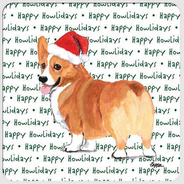 Pembroke Welsh Corgi, Red and White "Happy Howlidays" Coaster